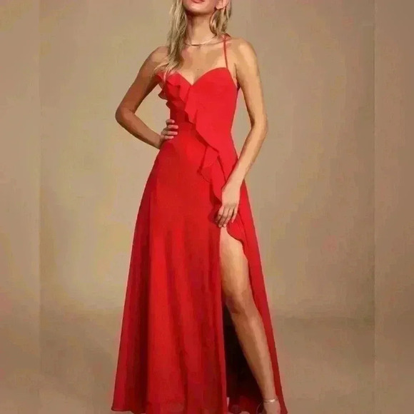 Lulus Womens Moonlit Moment Ruffled Red Maxi Gown Formal Cocktail Siz Lulus Womens Moonlit Moment Ruffled Red Maxi Gown Formal Cocktail Siz